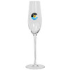 A clear glass champagne flute with a logo featuring a sun and waves. Elegantly designed with a tall stem.