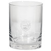 A clear glass tumbler with a circular base and an engraved logo. The design is simple and elegant.