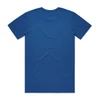 A blue T-shirt with short sleeves and a plain back, featuring a branding logo.