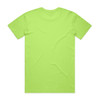 A bright lime green T-shirt with a plain back. It features a logo on the inside neck.