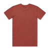 A back view of a rust-coloured t-shirt featuring a logo. The fabric appears smooth and comfortable.