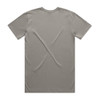 A plain grey T-shirt with short sleeves and a round neckline, featuring a logo on the back.