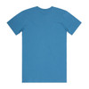 A blue T-shirt featuring a round neck and short sleeves, with a logo on the back.