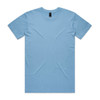 A plain light blue T-shirt with a crew neck and short sleeves, featuring a logo on the label.