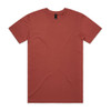 A rust-coloured t-shirt displayed flat, featuring a simple design and a brand logo on the inside collar.