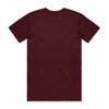 A maroon T-shirt with a plain back and a logo on the neck area. Ideal for casual wear.