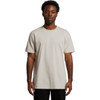 A plain, light grey t-shirt on a person, featuring short sleeves and a crew neckline, with a logo on the fabric.
