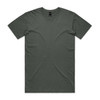 A plain dark green t-shirt with a crew neck and short sleeves, featuring a logo on the collar.
