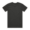 A black T-shirt featuring a simple design with a logo on the back.