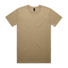 A plain beige T-shirt with a round neckline and short sleeves, featuring a logo on the tag.