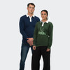 A navy blue and green TRENDSWEAR rugby unisex jersey, featuring contrasting white collars and a logo.