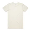 A plain cream-coloured t-shirt with a crew neck and short sleeves, featuring a logo on the back.