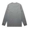 A long-sleeve grey T-shirt featuring a simple design with a logo on the back.