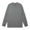 A long-sleeve grey T-shirt featuring a crew neck and a logo label. Simple and versatile design.