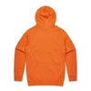 An orange hoodie with a hood and long sleeves, featuring a logo on the back.