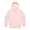 A pink hoodie with a front pocket and a hood, featuring a logo on the chest area.
