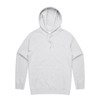 A grey hoodie featuring a front pocket and a drawstring hood, with a logo on it.