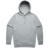 A grey hoodie with a front pocket and a large hood, featuring a logo on the label.