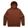 A brown hoodie with a front pocket and an attached hood, featuring a logo on the front.