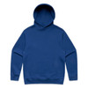A blue hoodie featuring a front pocket and a classic hood design, with a logo on the chest.
