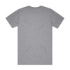 A grey t-shirt with short sleeves and a simple design, featuring a logo on the back.