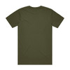 A plain olive green t-shirt featuring a simple back design and a logo on the fabric.