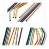 A collection of stainless steel straws in various colours, including gold, copper, black, and rainbow finishes.