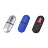 Three oval-shaped flash drives in silver, blue, and black, each with a logo and a metallic finish.