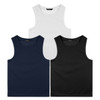 A set of three men's sports tank tops in white, navy, and black, featuring a simple design and a logo.