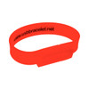 A rectangular silicone wristband flash drive in bright orange, featuring a logo on the inside.