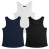 A set of three women's sports tank tops in navy, white, and black, featuring a logo on each top.