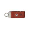 A brown leather flash drive with a silver clasp and an embossed logo on the side.