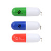 Three pill-shaped flash drives in green, blue, and orange. Each features a logo on a white background.