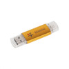 A gold and clear double-end flash drive with a logo and two USB connectors at each end.