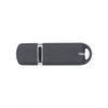 A grey flash drive with a silver accent and a hole for attachment. It features a sleek, minimalist design.