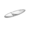 A sleek silver flash drive with a smooth design and a transparent cover. It features a logo on its surface.