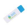 A white flash drive with a blue cap, featuring a logo and text on one side.
