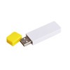 A white flash drive with a yellow cap, showcasing a USB connector. Features a logo on the side.