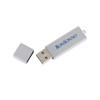 A silver USB flash drive with a removable cap and a logo on its surface.