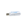 A white flash drive with a sliding cover and a logo, featuring a USB connector.