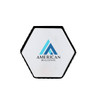 A hexagonal-shaped flash drive in white and black with a logo on the front.