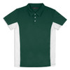 A green polo shirt features white side panels and a collar, with a three-button placket and a logo.