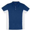 A blue and white polo shirt featuring a three-button placket and a branded logo.