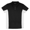 A black and white men's polo shirt with a collar and buttons, featuring a logo on the chest.