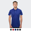 A blue men's polo shirt with white side panels. The shirt features a collar and three-button placket, with a logo.