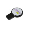 A round domed black flash drive with a glossy surface and a white circular area, featuring a logo.