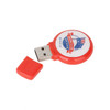 A red round domed flash drive with a logo and a removable cap.