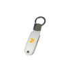 A silver leather swivel flash drive with a metal keyring and a logo on the front.