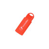 A red flash drive with a looped end and a logo, designed for easy portability and storage.