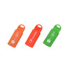 Three flash drives in vibrant orange, red, and green colours, each with a branding logo on them.